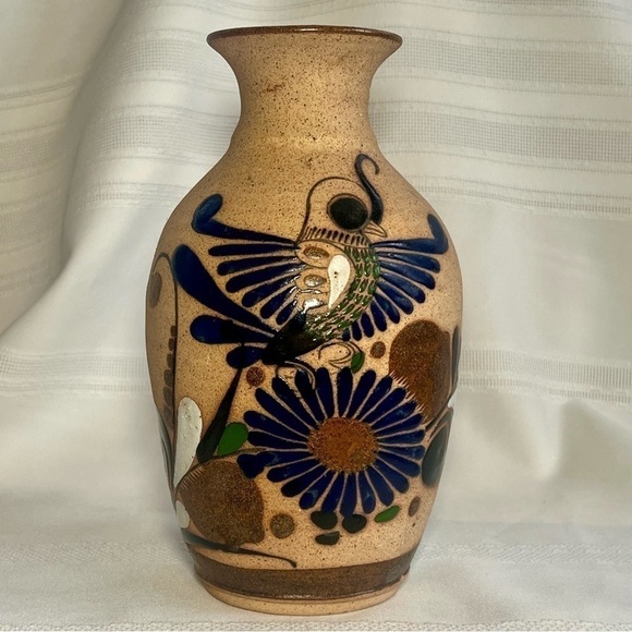 Mexican Sandstone Vase Tonala Folk Art Hand Painted VTG Signed EUC - Picture 1 of 8